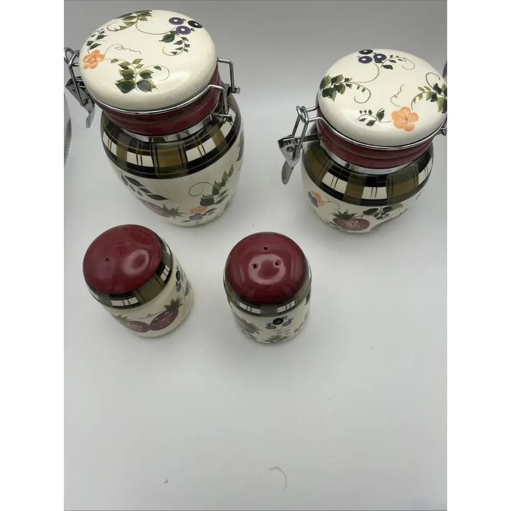 Vintage Oneida. Strawberry Plaid Canisters And Shakers. Discontinued In 2002.